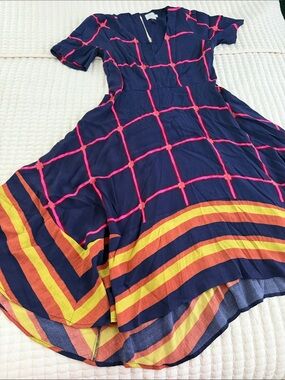 HD in Paris Navy Dress with Pink Grid and Yellow-Orange Striped Hem